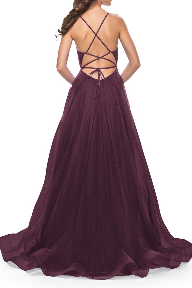 A-Line Prom Dress with Illusion Ruched Bodice, Alternate, color, Dark Berry