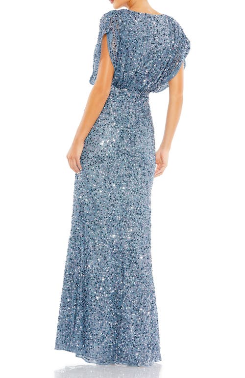 Mac Duggal Draped Sleeves Ruched Waist Detail V Neck Gown In Slate Blue