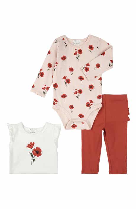 Poppy Print 3-Piece Cotton Bodysuits & Ruffle Leggings Set