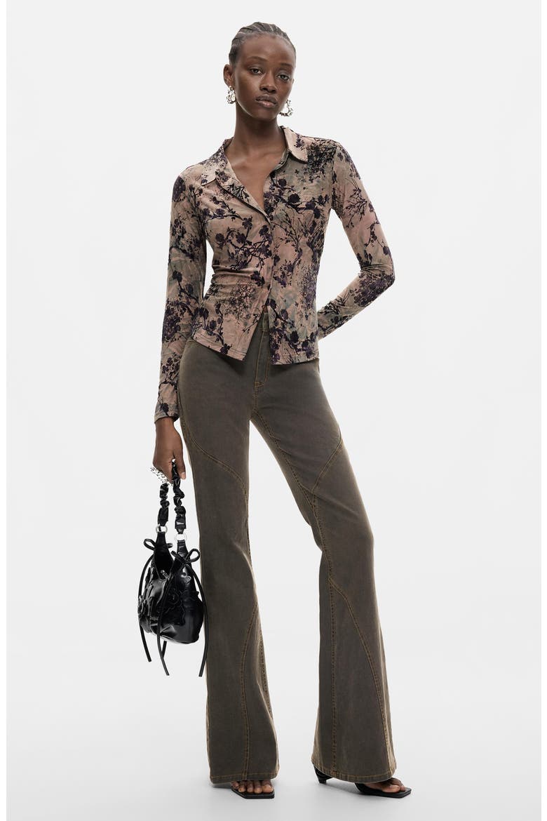 Print Stretch Button-Up Shirt, Alternate, color, GRAY BROWN