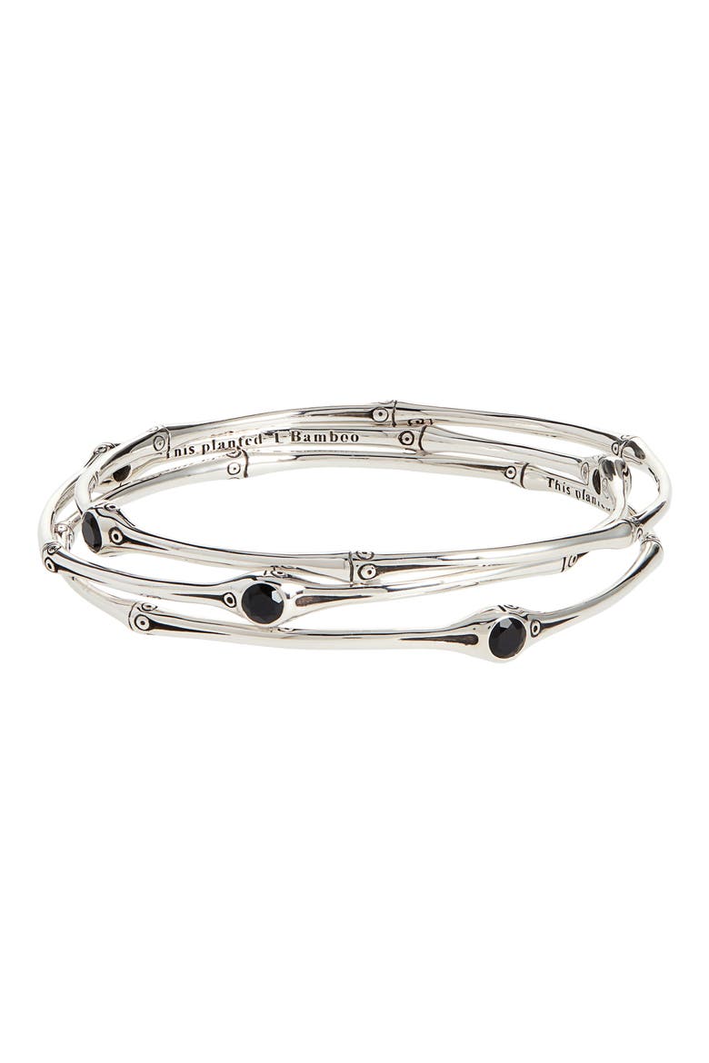 Sterling Silver Black Chalcedony Bamboo-Textured Bangle Bracelet - Set of 3, Alternate, color, BLACK