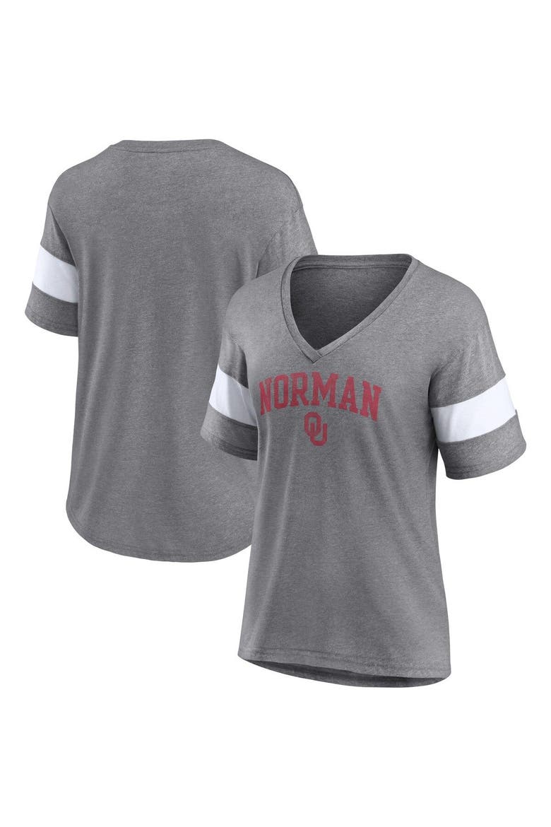 Women's Fanatics Branded Heathered Gray Oklahoma Sooners Arched City Sleeve-Striped Tri-Blend V-Neck T-Shirt, Main, color, Heather Gray