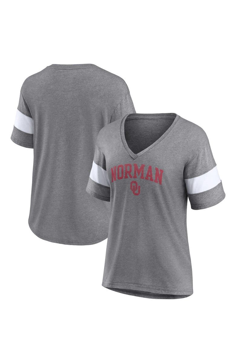FANATICS Women's Fanatics Branded Heathered Gray Oklahoma Sooners Arched City Sleeve-Striped Tri-Blend V-Neck T-Shirt, Main, color, Heather Gray