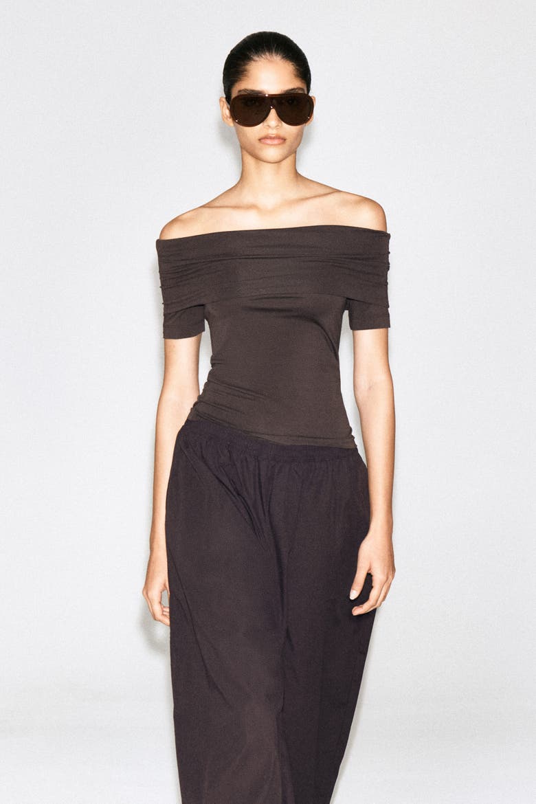Folded Off-The-Shoulder Top, Main, color, BROWN