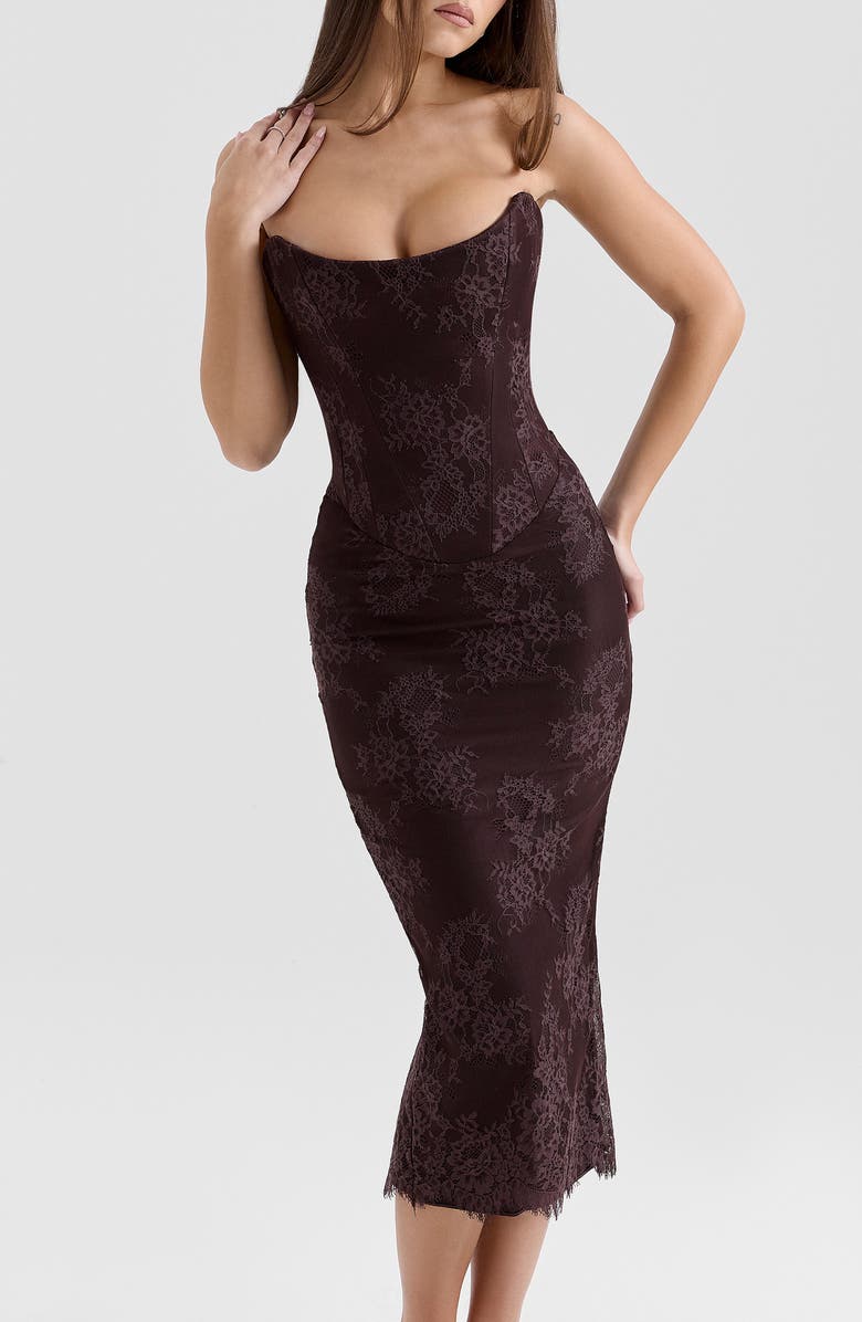 HOUSE OF CB Larra Lace Tie Neck Long Sleeve Midi Dress & Bolero Jacket, Alternate, color, Chocolate Plum