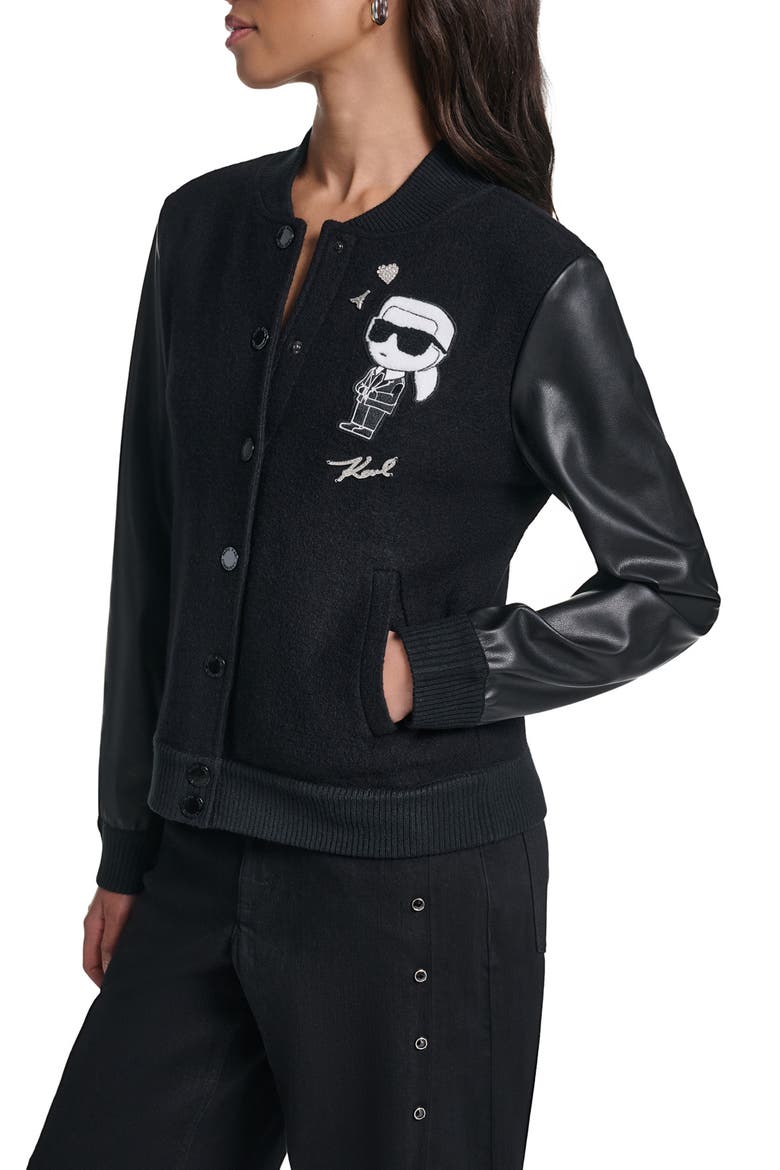 Karl Wool Blend Varsity Jacket with Faux Leather Sleeves, Alternate, color, BLACK