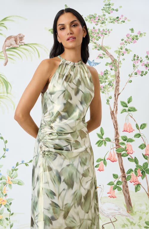 Maggy London Ruched Halter Neck Satin Gown In Ivory/green