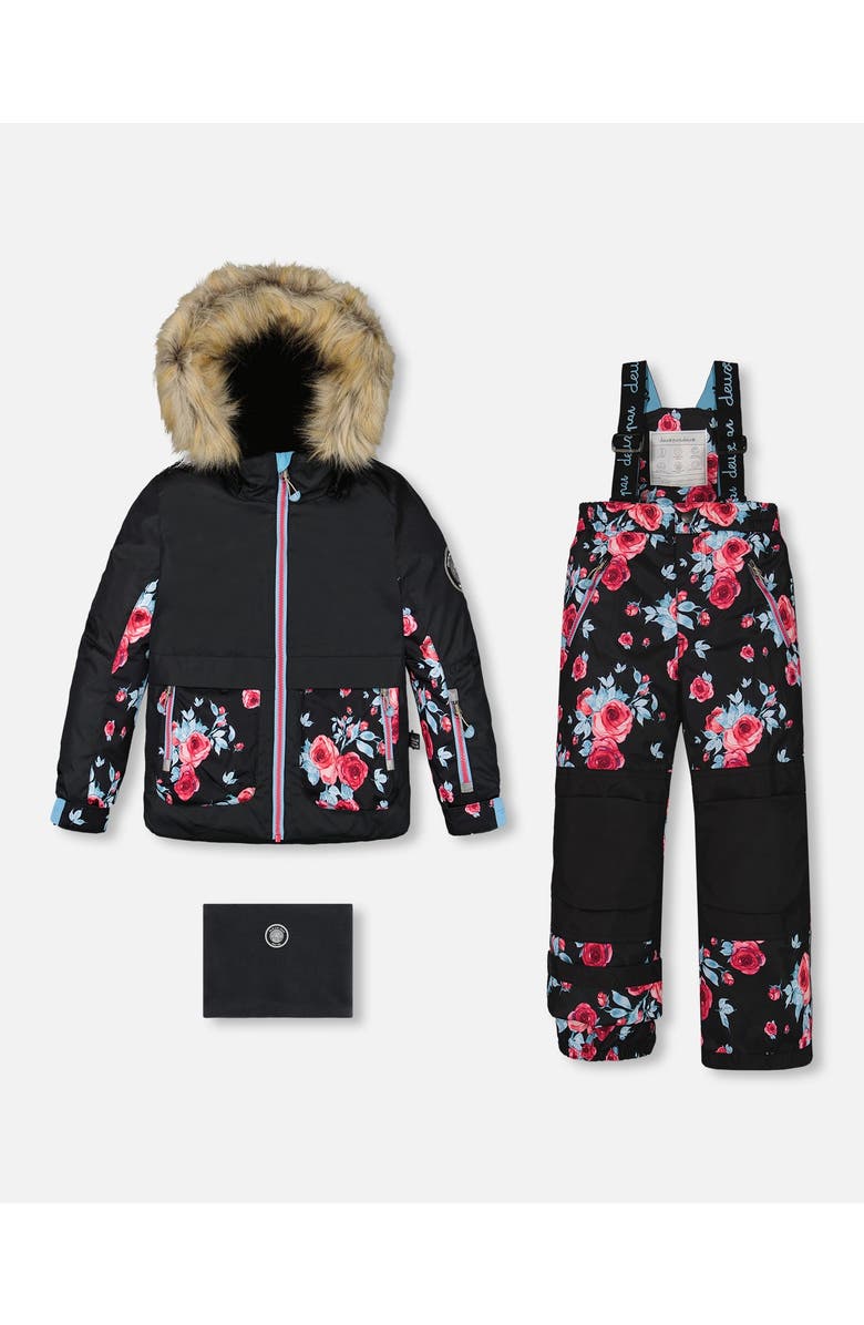 Deux par Deux Girl's Two Piece Snowsuit Black Printed Roses, Main, color, 