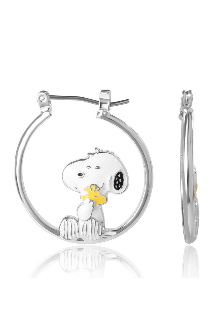 Snoopy Hugging Woodstock Enamel Hoop Earrings, Alternate, color, Silver