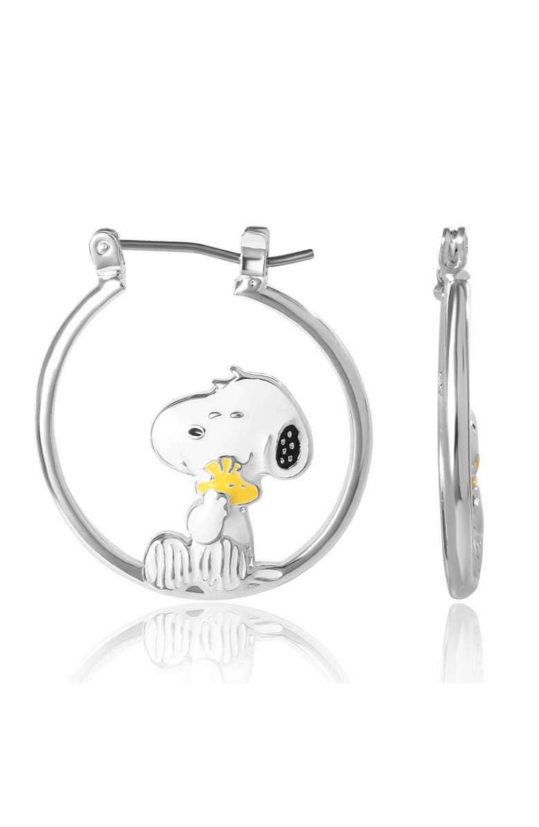 PEANUTS Snoopy Hugging Woodstock Enamel Hoop Earrings, Alternate, color, Silver
