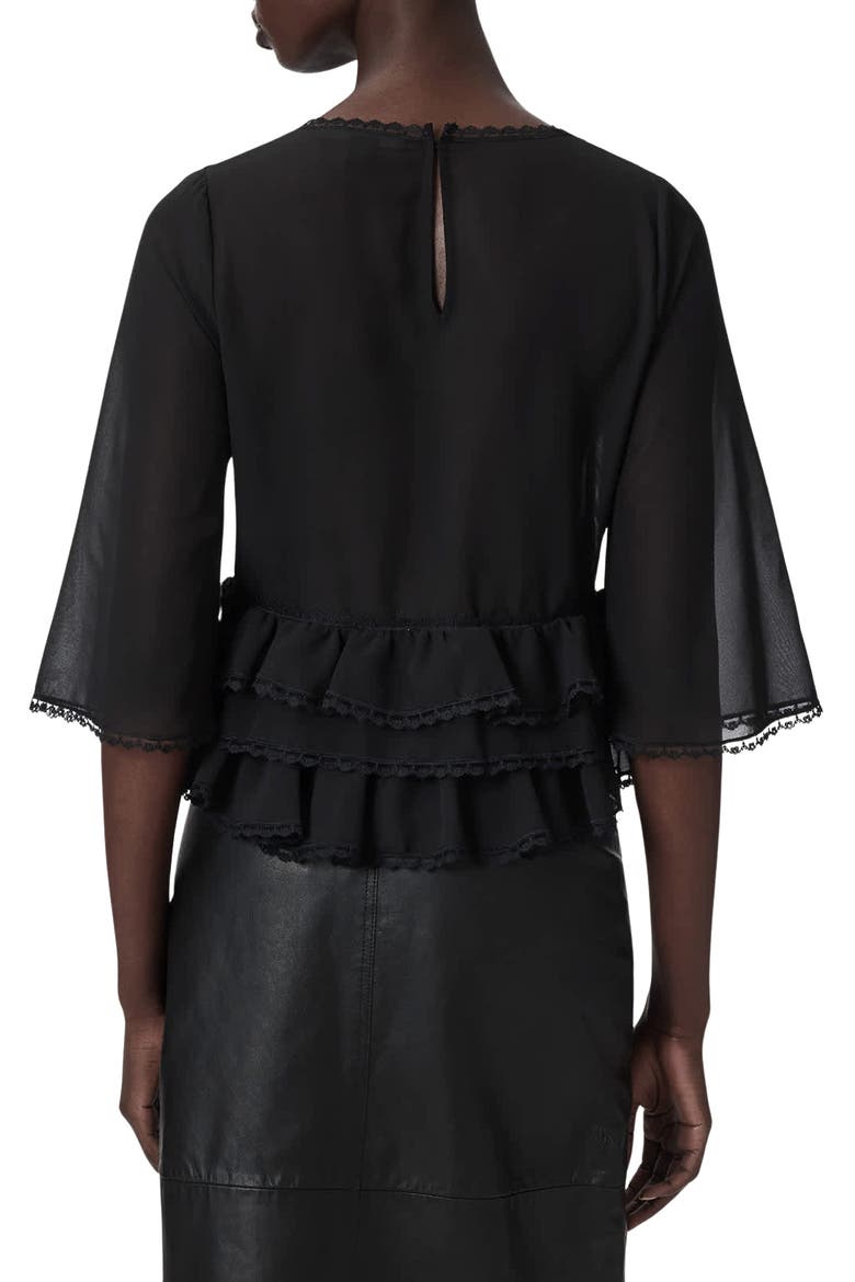 Plunge Neck Tiered Ruffle Lace Trim Top, Alternate, color, BLACK