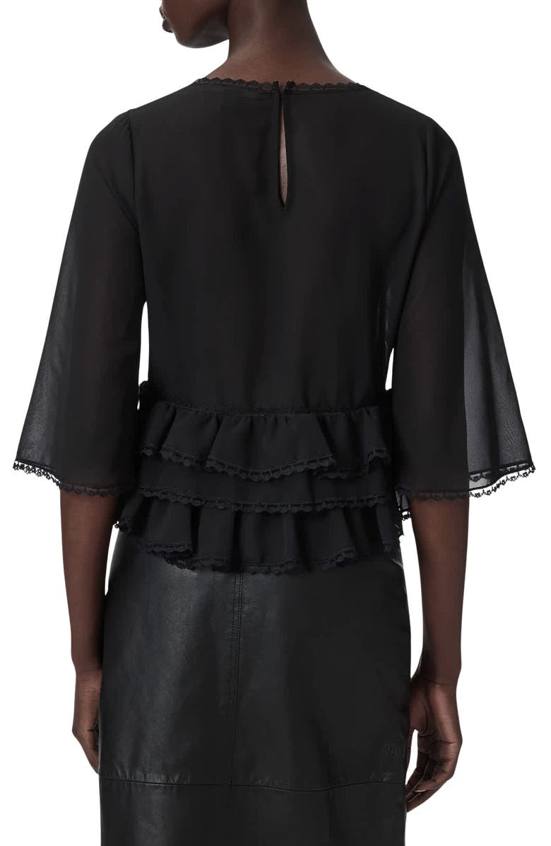 AllSaints Plunge Neck Tiered Ruffle Lace Trim Top, Alternate, color, Black