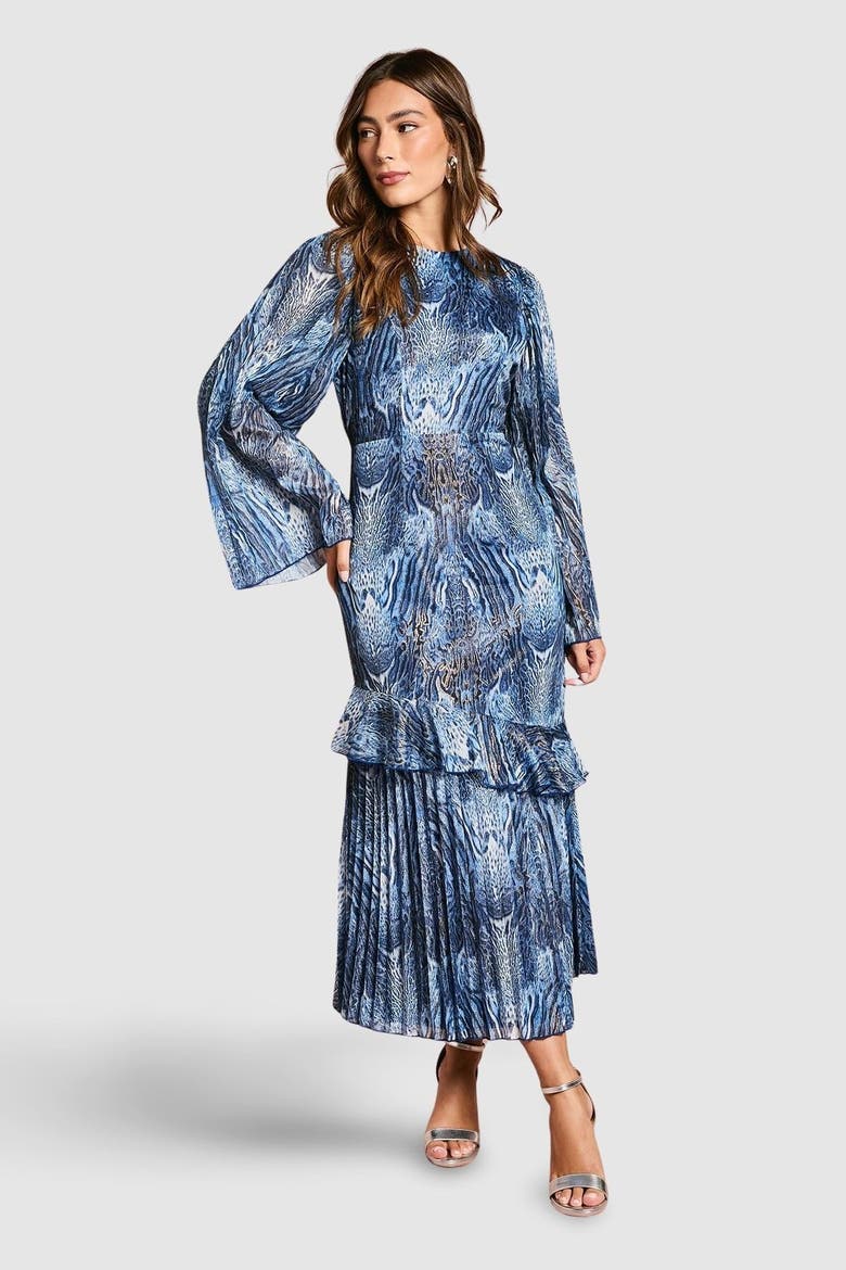 Flare Sleeve Animal Print Midi Dress, Main, color, Blue