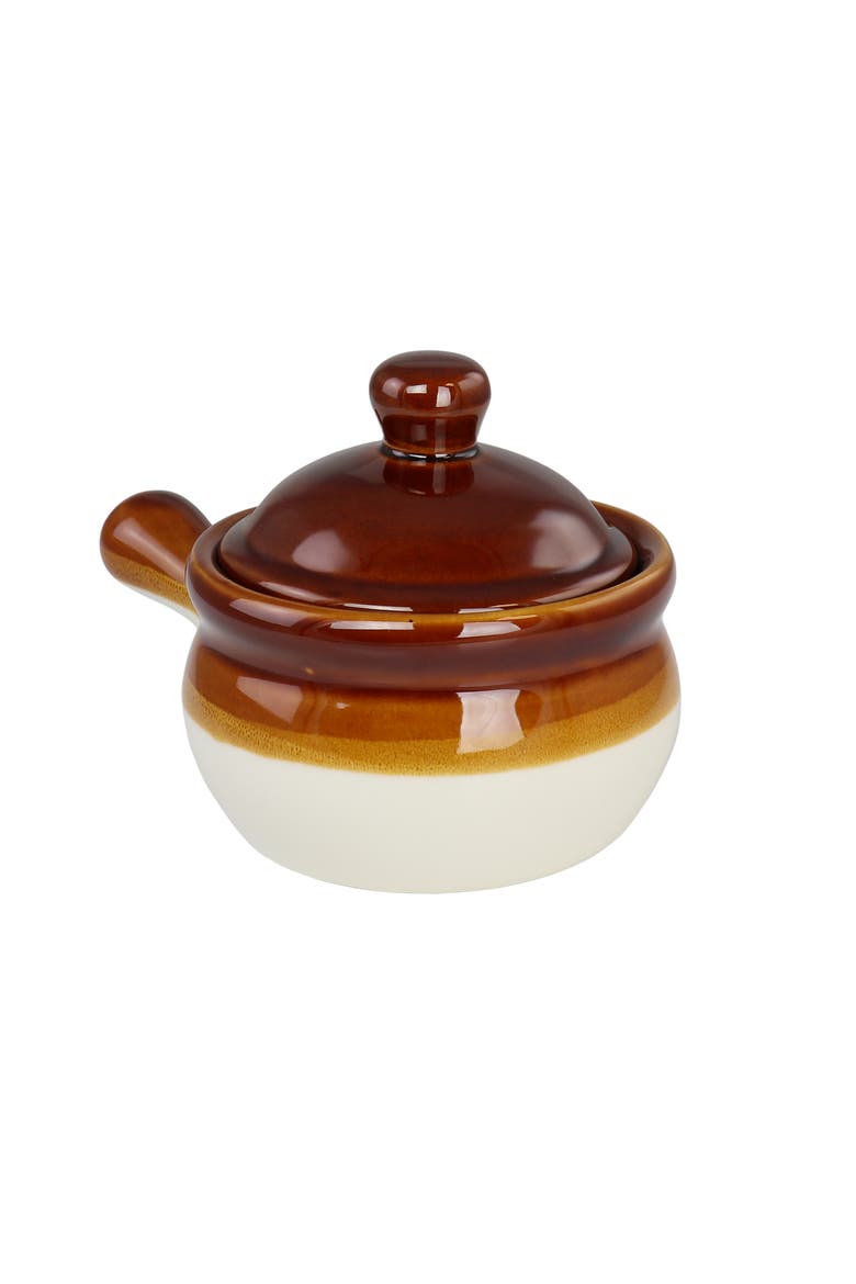 4 Piece Long Handle 15 Ounce French Onion Soup Bowl with Lid, Alternate, color, Brown