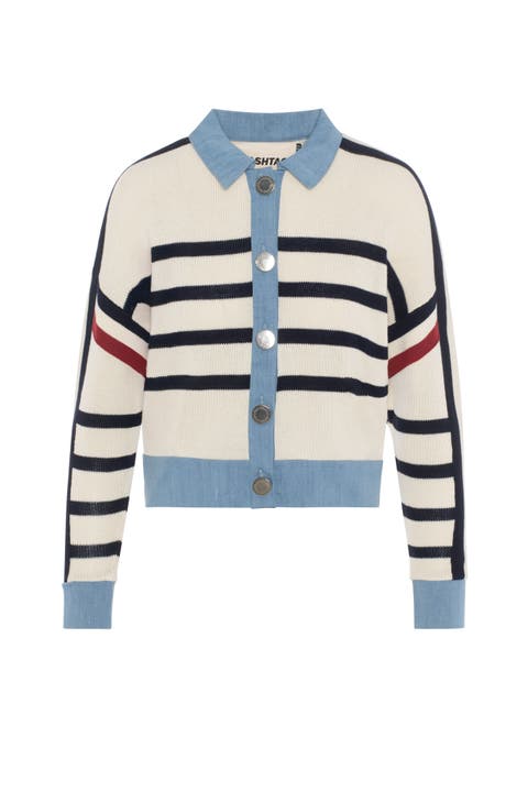 Striped Denim Combo Button Front Knit Cardigan