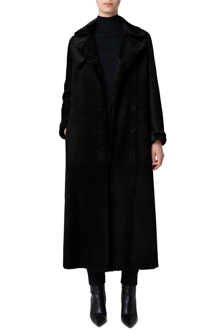 Double Breasted Genuine Shearling Leather Coat, Main, color, 009 BLACK