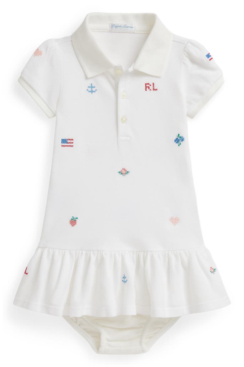 Embroidered Cotton Piqué Drop Waist Dress with Bloomers, Main, color, DECKWASH WHITE