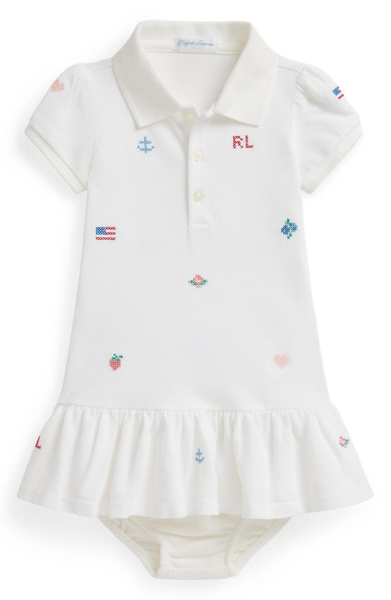 Ralph Lauren Embroidered Cotton Piqué Drop Waist Dress with Bloomers, Main, color, Deckwash White