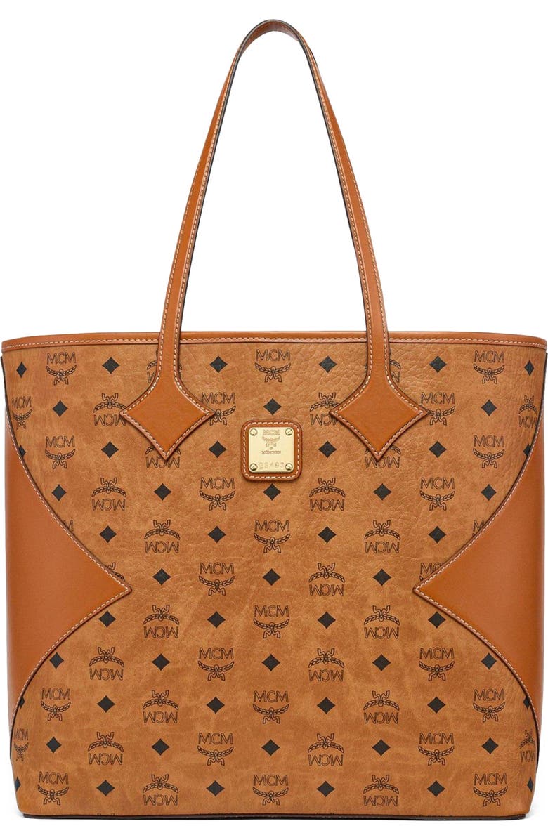 MCM Large Dia Shopper in Visetos Leather Mix, Main, color, Cognac
