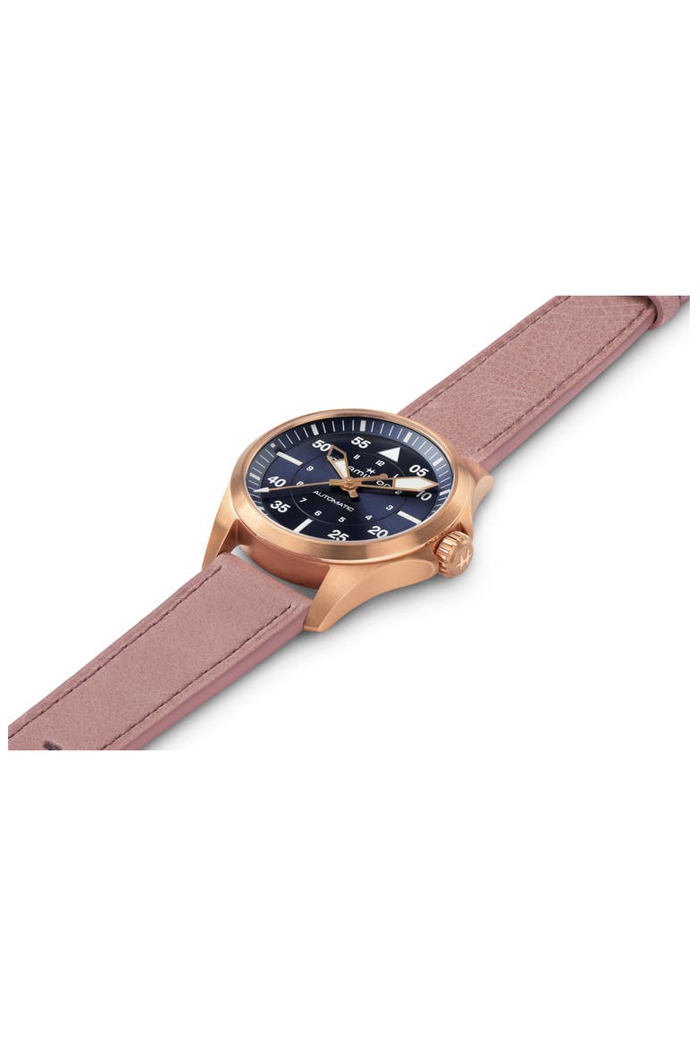 Khaki Aviation Pilot Automatic Leather Strap Watch, 36mm, Alternate, color, PINK CALF LEATHER