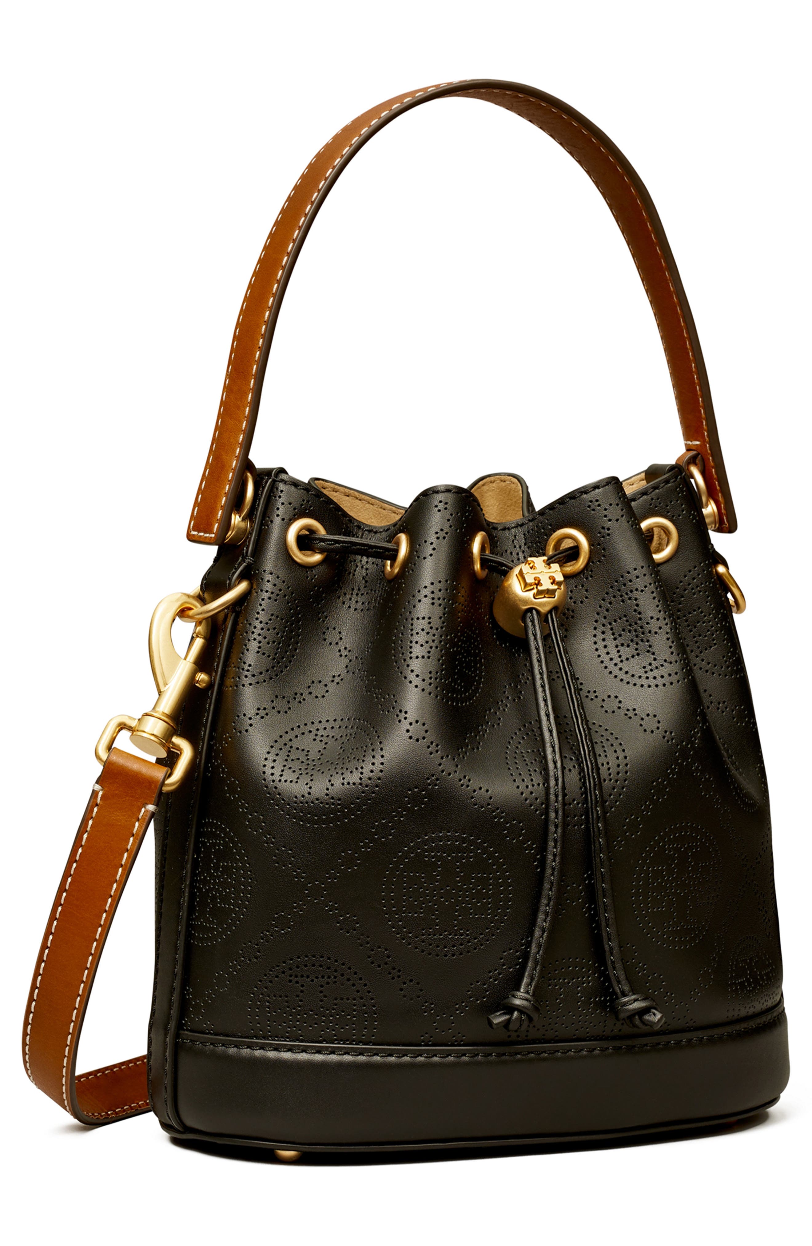 Tory Burch T Monogram Perforated Leather Bucket Bag, Alternate, color, 