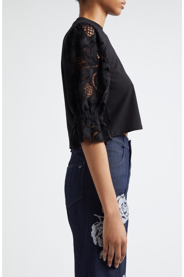 Mixed Media Puff Sleeve T-Shirt, Alternate, color, BLACK