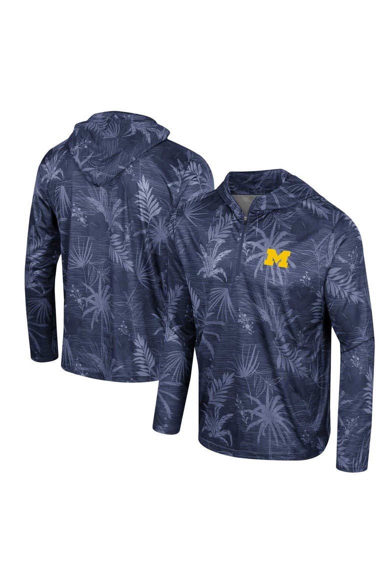 Men's Colosseum Navy Michigan Wolverines Palms Printed Lightweight Quarter-Zip Hooded Top, Main, color, Navy