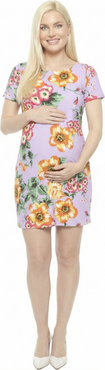 24seven Comfort Apparel Maternity Floral Short Sleeve Round Neck Mini Shift Dress