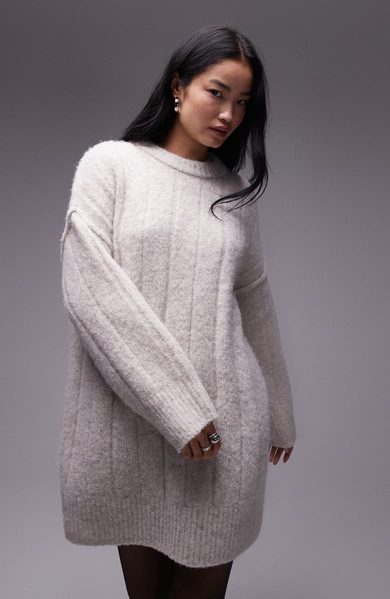 Topshop Long Sleeve Rib Minidress, Alternate, color, Stone