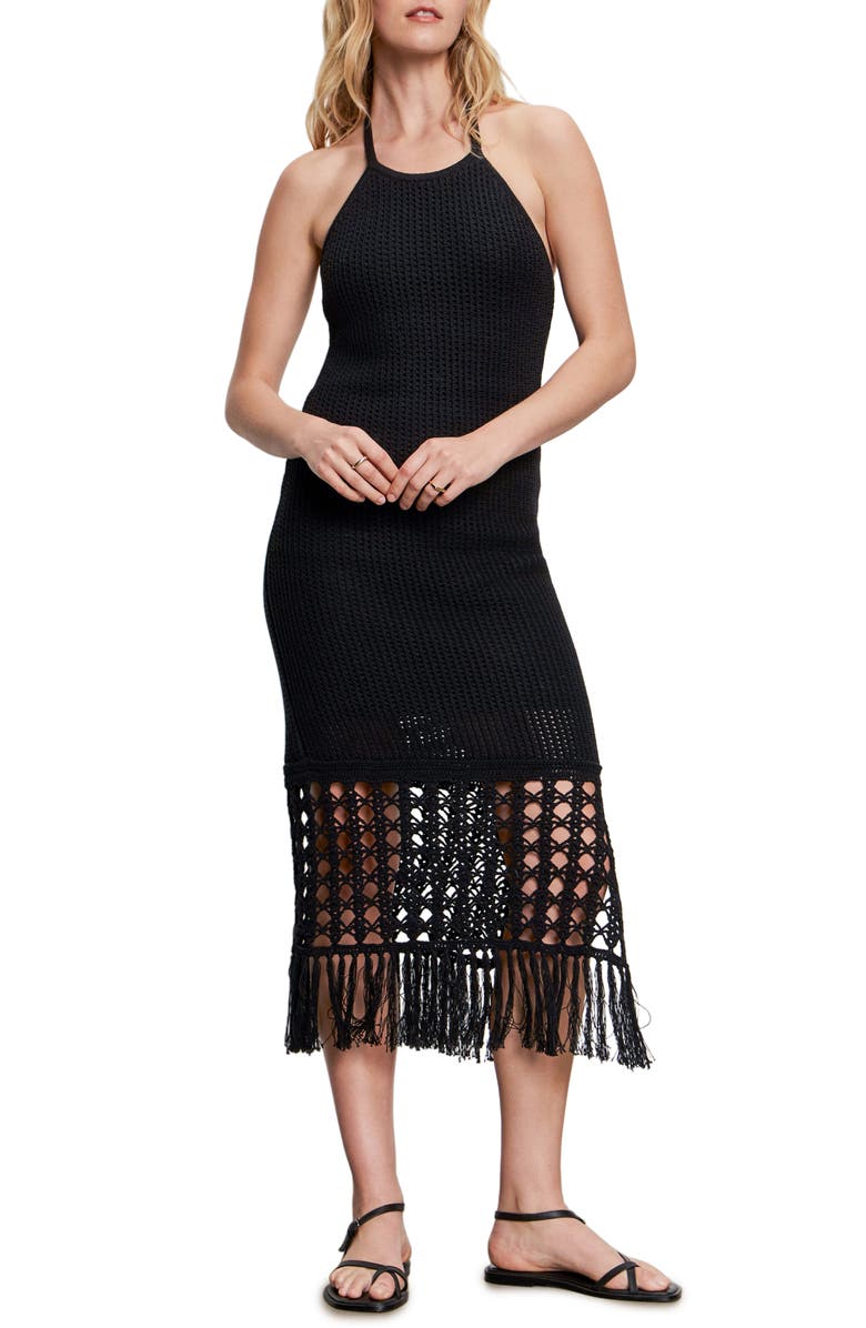 Sanctuary Promenade Open Stitch Detail Halter Neck Cotton Sweater Dress, Main, color, Black