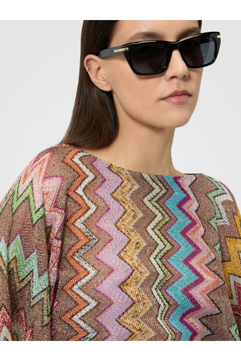 Long-sleeved Top In Lamé Viscose With Macro Zigzag Pattern, Alternate, color, Black & Multicoloured