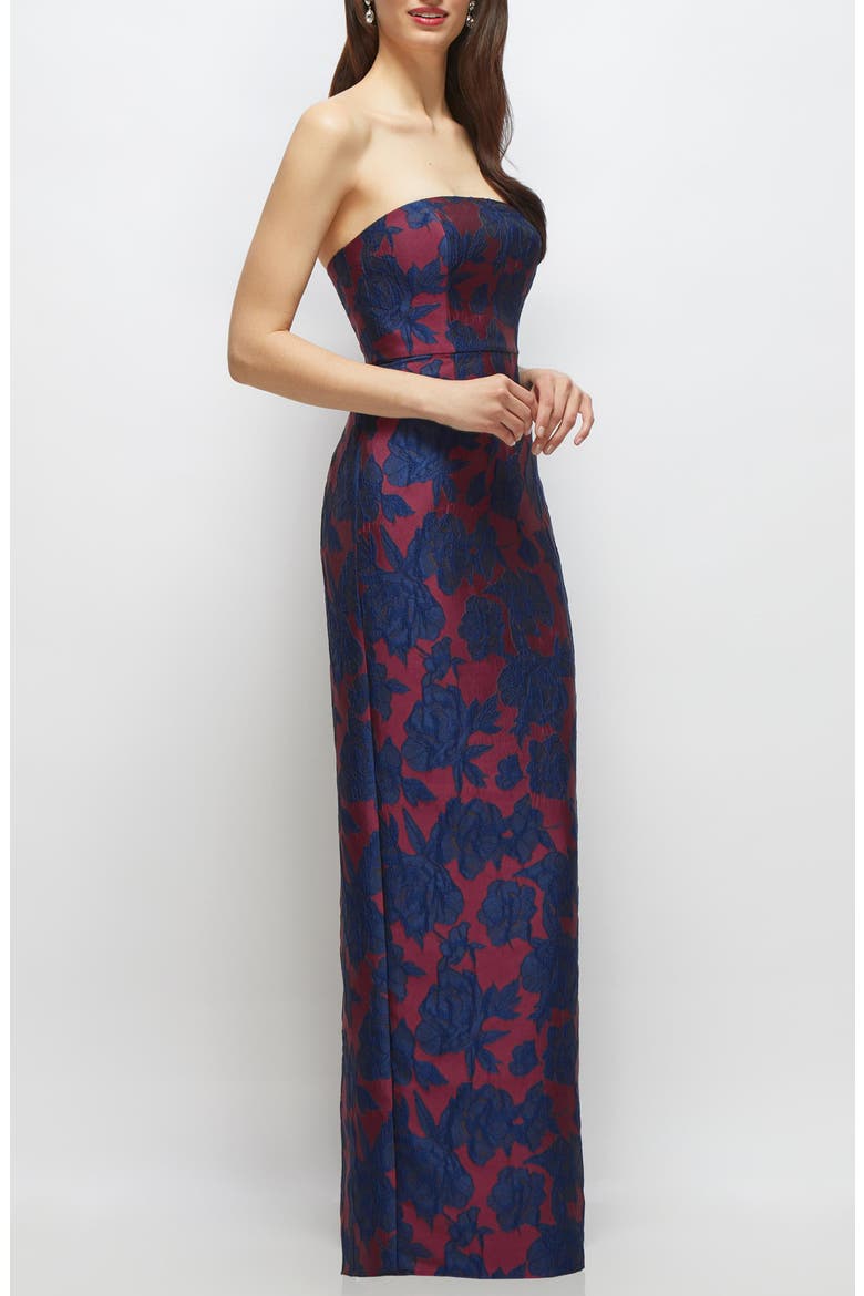 Strapless Jacquard Column Gown, Alternate, color, BURGUNDY NAVY FLORAL