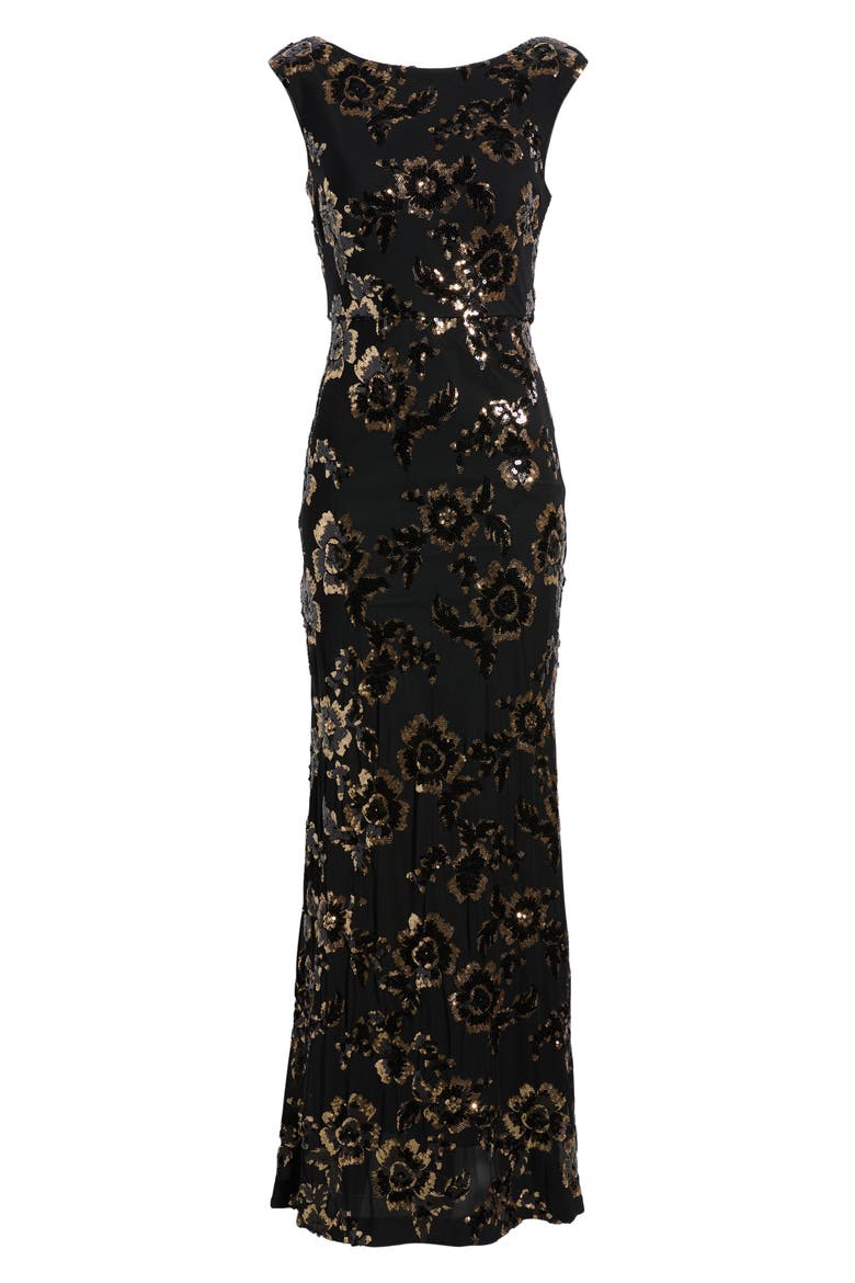 Sequin Floral Sheath Gown, Main, color, BLK GOLD