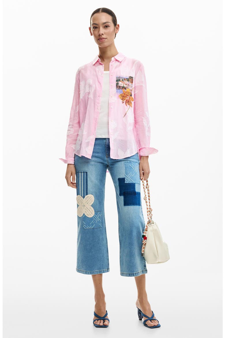Floral Appliqué Stripe Graphic Button-Up Shirt, Alternate, color, PINK