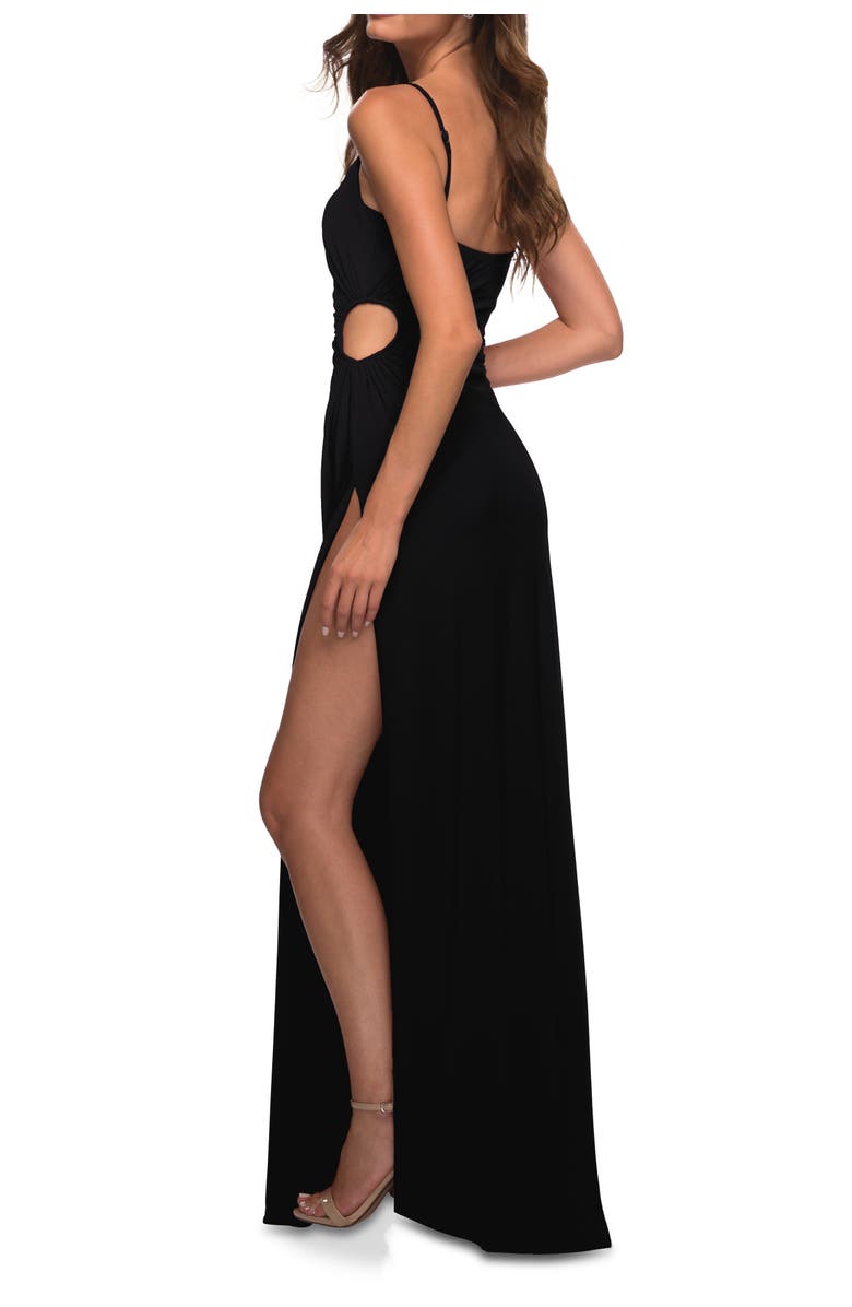 La Femme Prom Dress with Side Cut Out and High Side Slit, Alternate, color, Black