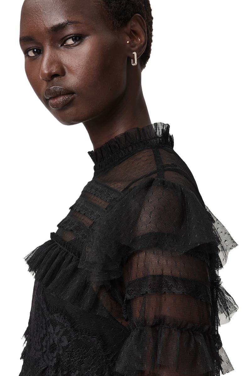 AllSaints Cavarly Lace Ruffle Long Sleeve Maxi Dress, Alternate, color, Lace Black
