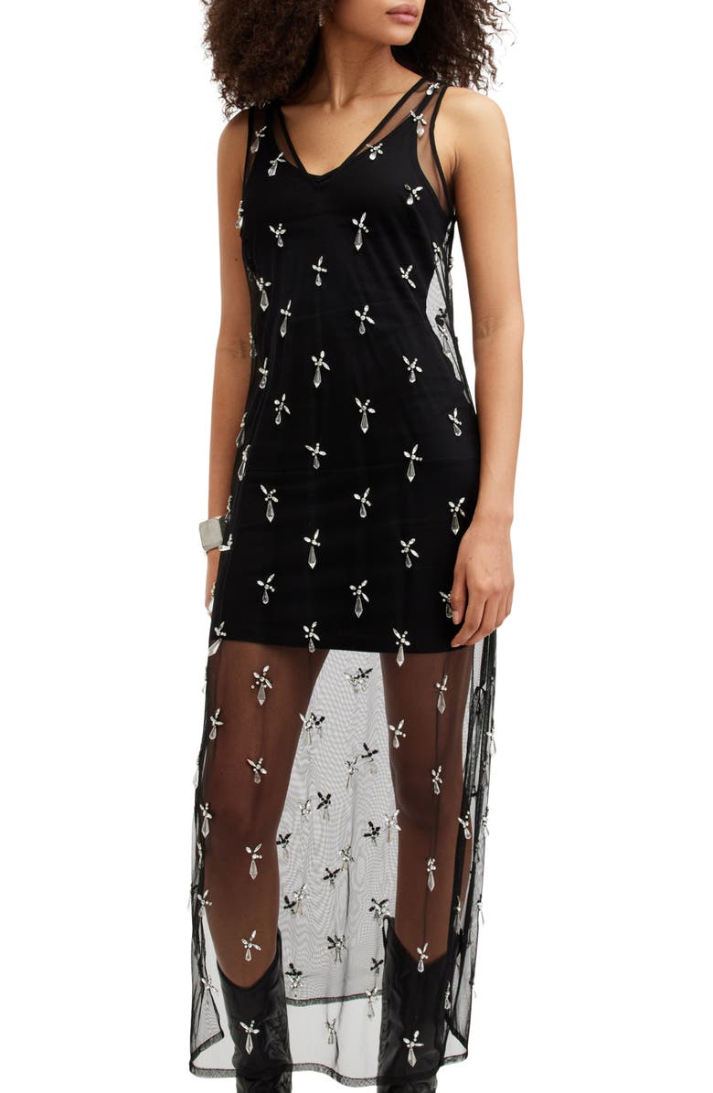AllSaints Kai Crystal Mesh Sleeveless Dress, Alternate, color,