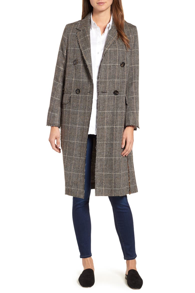 Double Breasted Plaid Coat, Main, color, BROWN