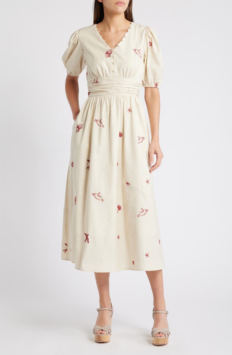 CIEBON Lexi Embroidered Puff Sleeve Cotton Dress, Main, color, Ivory/ Red