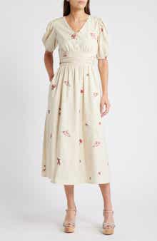 CIEBON Lexi Embroidered Puff Sleeve Cotton Dress