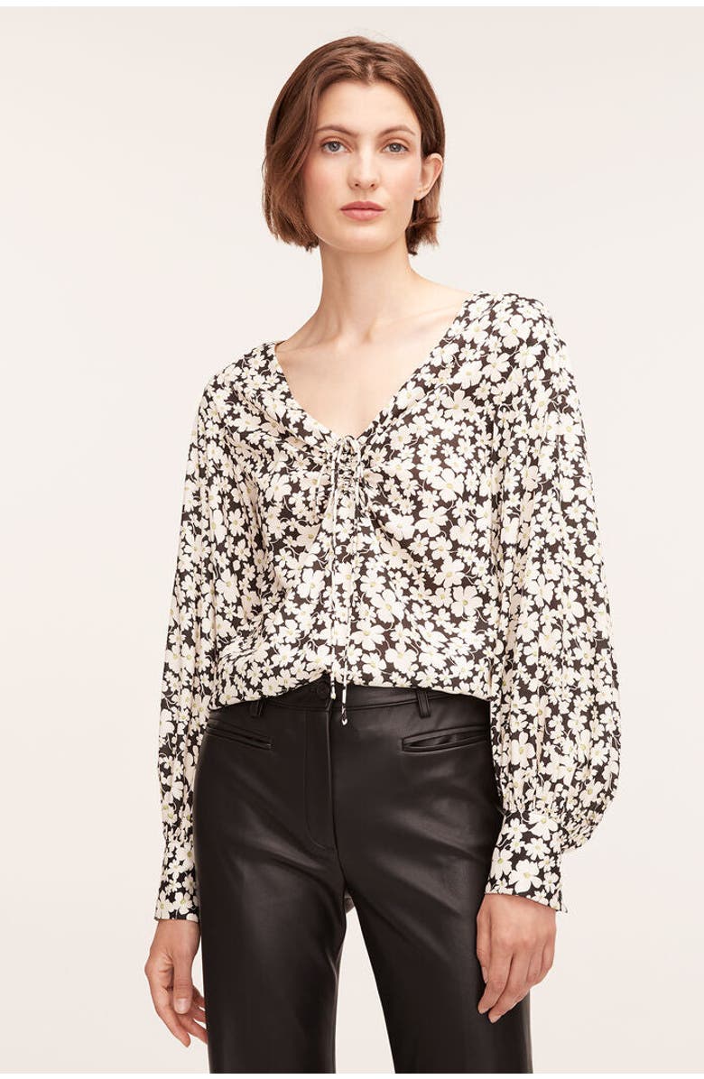 Rebecca Taylor Paige Fleur Drawstring Long Sleeve Blouse, Main, color, Paige Fleur Black Combo