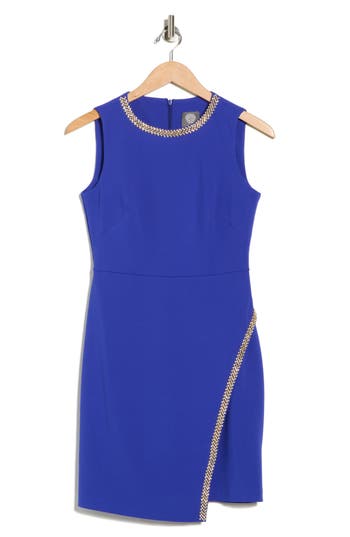 Vince Camuto Crystal Embellished Asymmetric Scuba Knit Crepe Sheath Dress In Blue