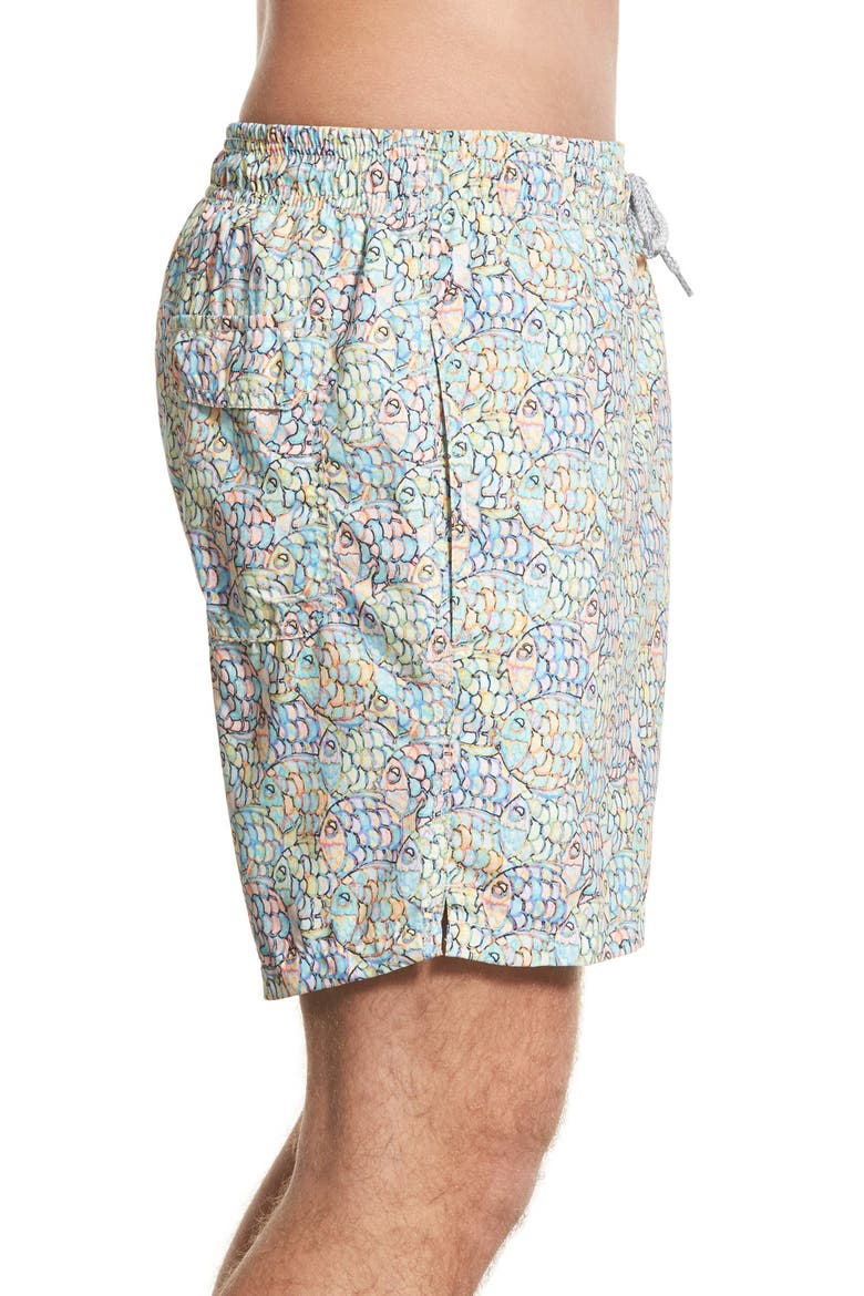 'Abstract Fish' Print Swim Trunks, Alternate, color, YELLOW