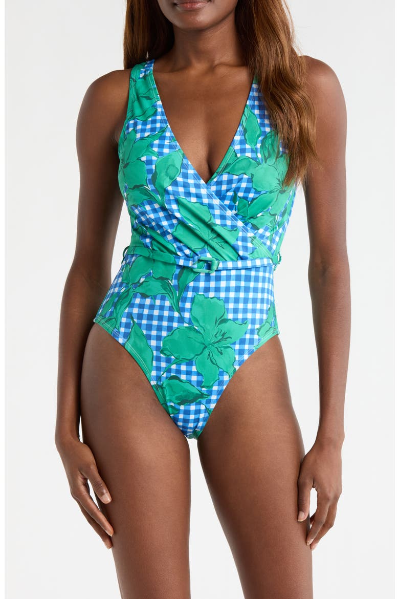Belted One-Piece Swimsuit, Main, color, COBALT/TEAL FLORAL