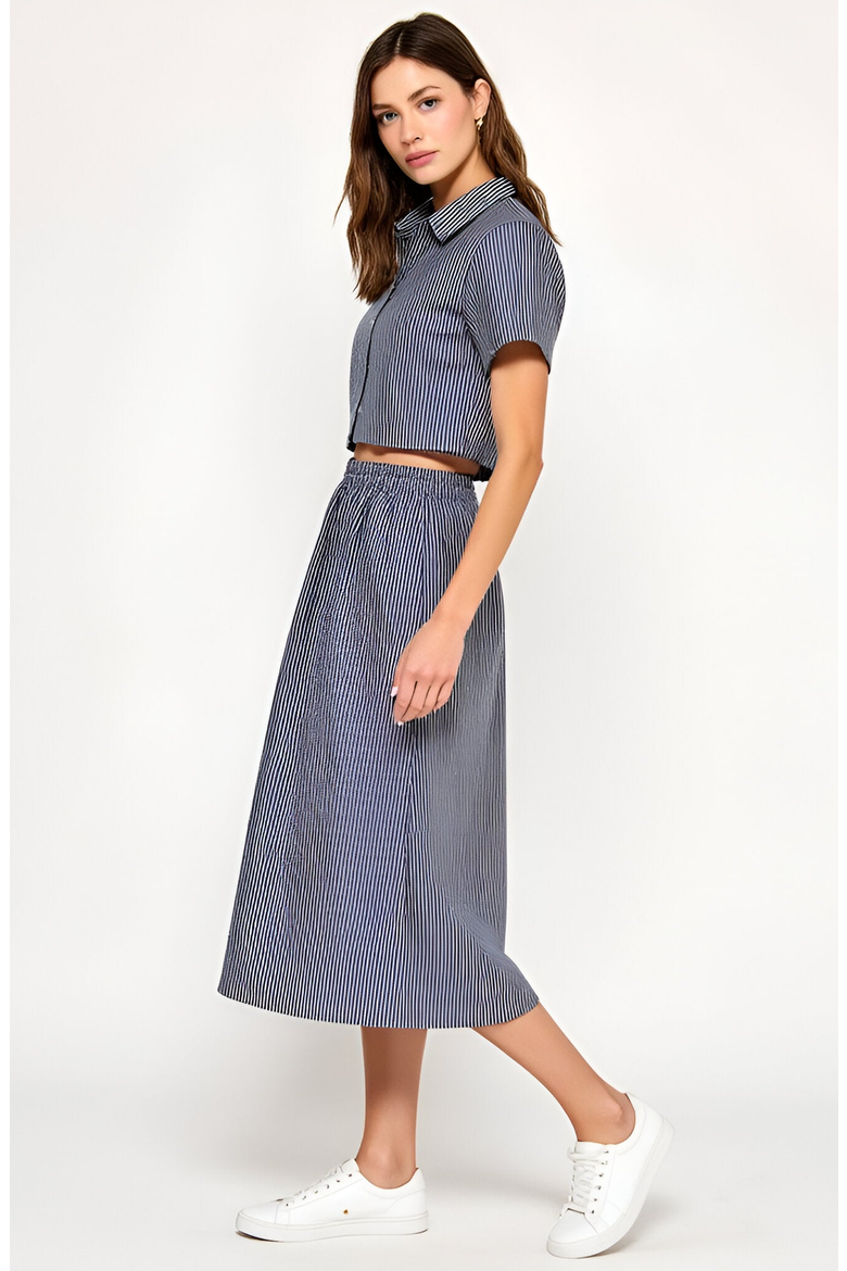 Striped Cropped Button-Up Shirt and Midi Skirt Set with Short Sleeves, Alternate, color, Blue / White Stripes
