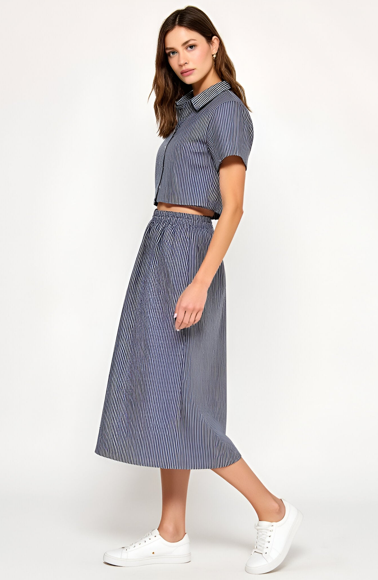 Modenaire Striped Cropped Button-Up Shirt and Midi Skirt Set with Short Sleeves, Alternate, color, Blue / White Stripes