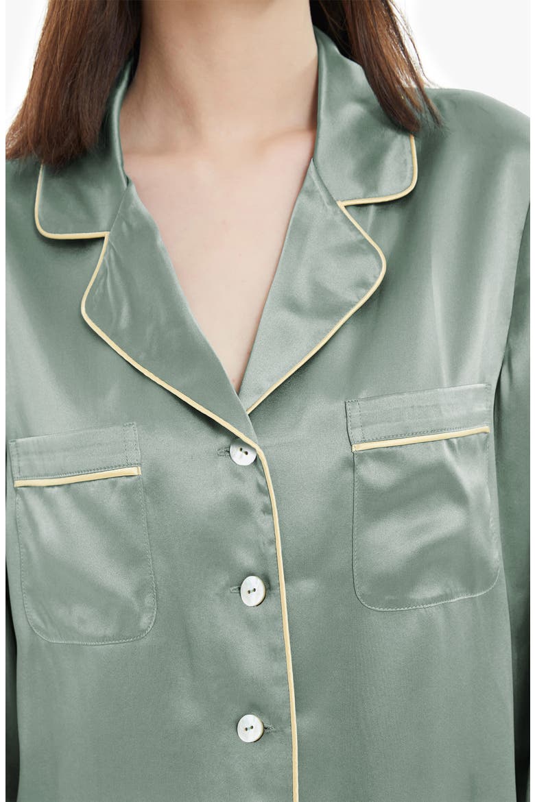 Women's Gold Piping Silk Pajamas Set, Alternate, color, Avocado Green