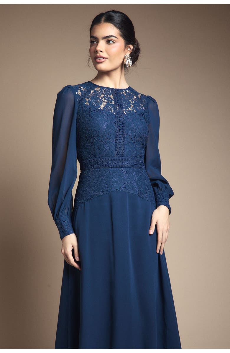 Wallis Lace Insert Chiffon Midi Dress, Alternate, color, Navy