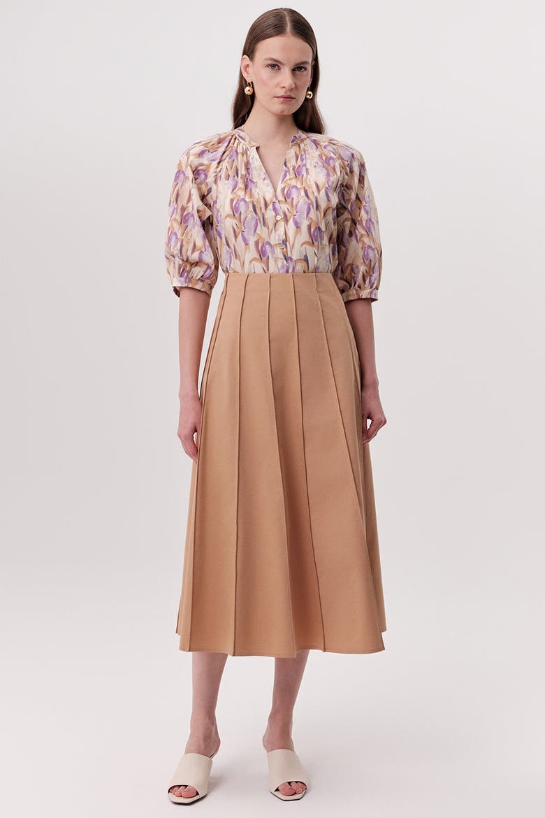 Karlie Fitted Multi Panel Flared Midi Skirtt, Alternate, color, Camel