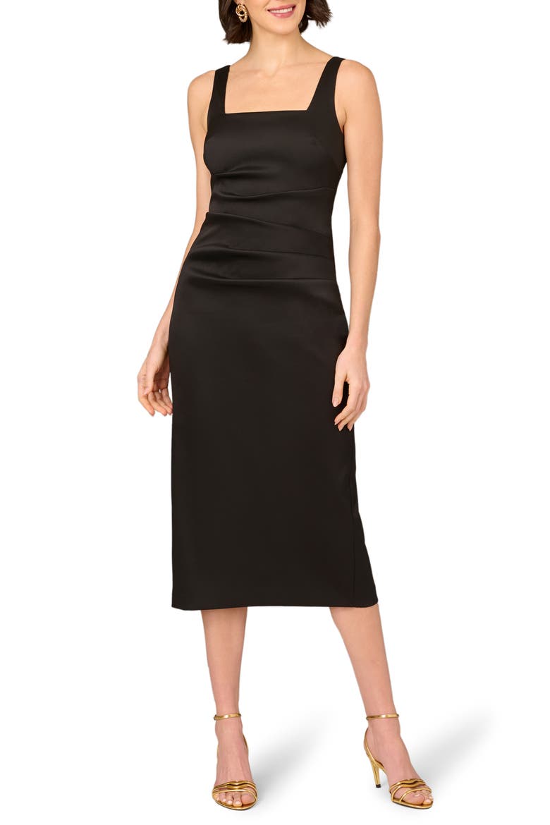 Stretch Mikado Midi Sheath Dress, Main, color, BLACK